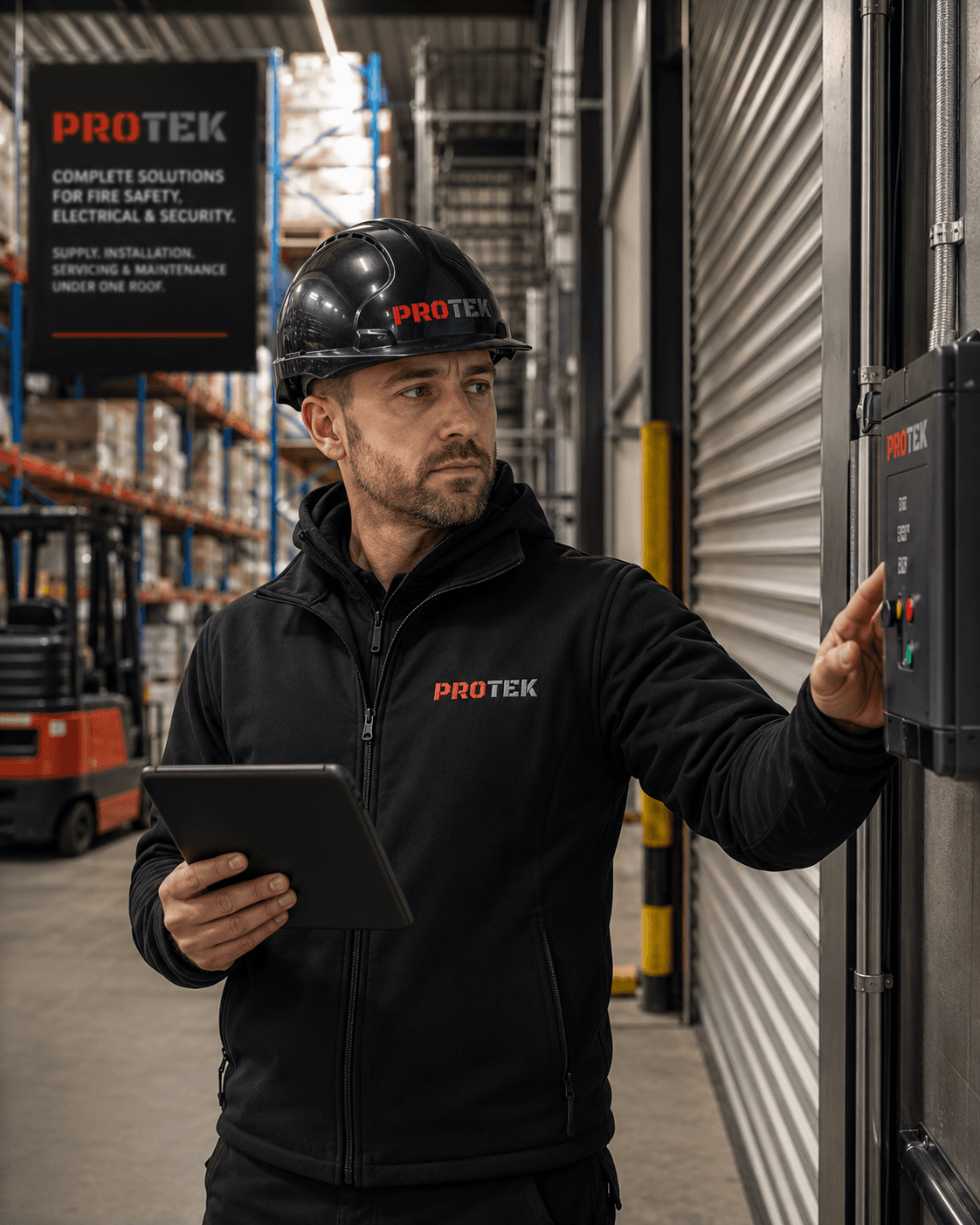 Protek engineer in branded uniform operating a roller shutter control panel